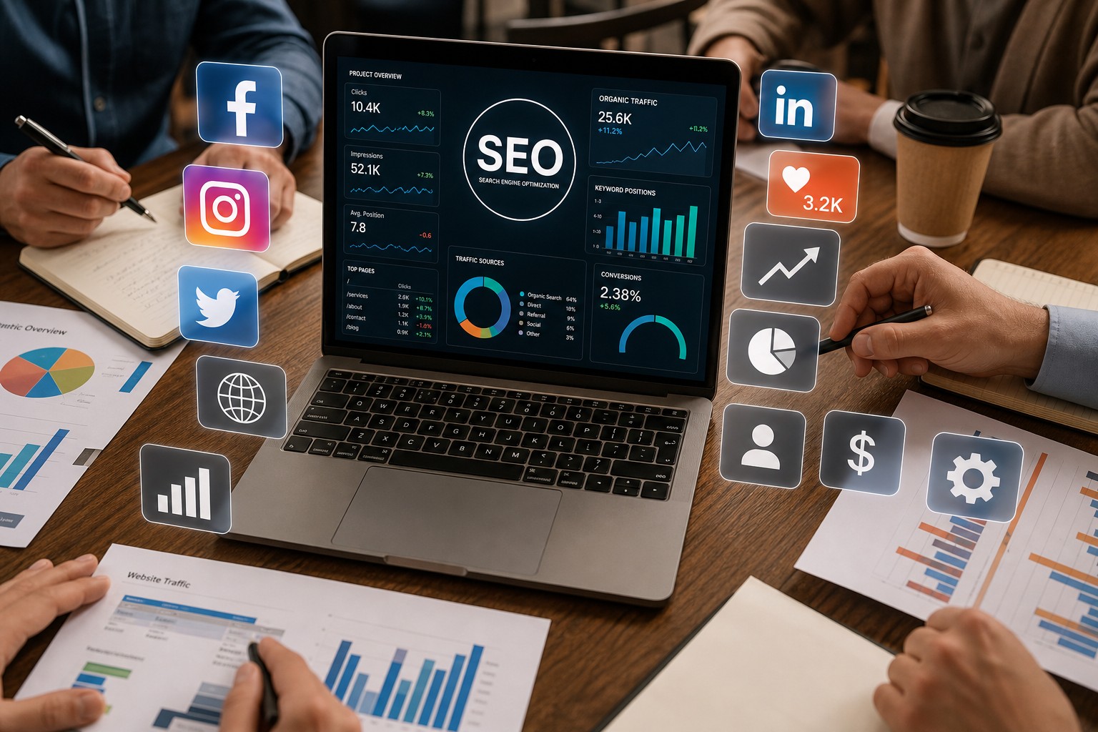 Dashboard SEO con métricas y redes sociales flotando sobre una reunión de trabajo